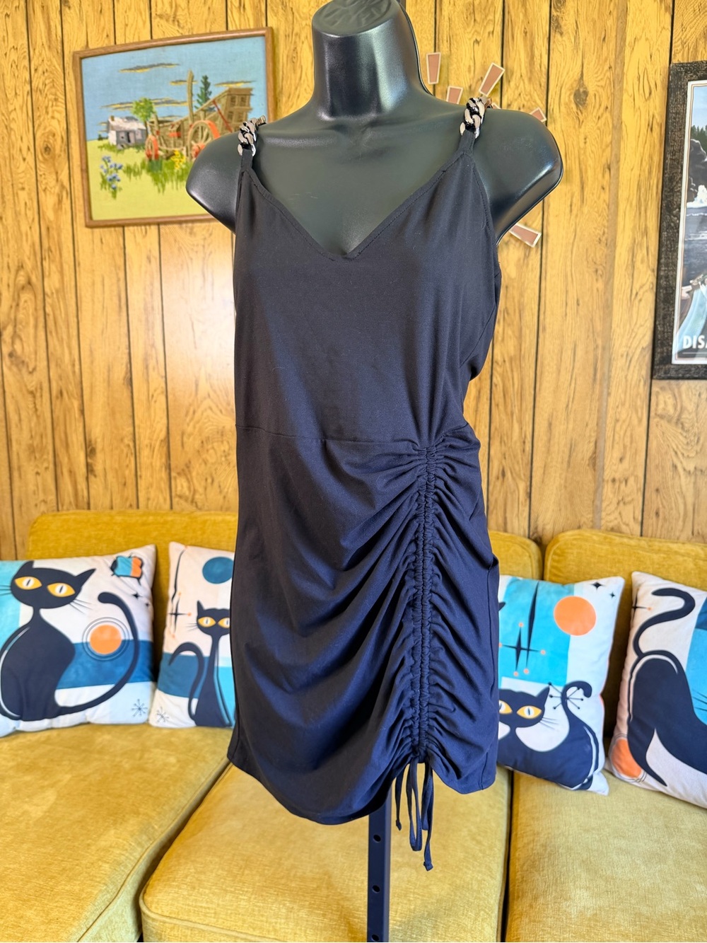 BB Dakota Ruched Side Drawstring Slip Dress with Chain-Detail Straps NWT